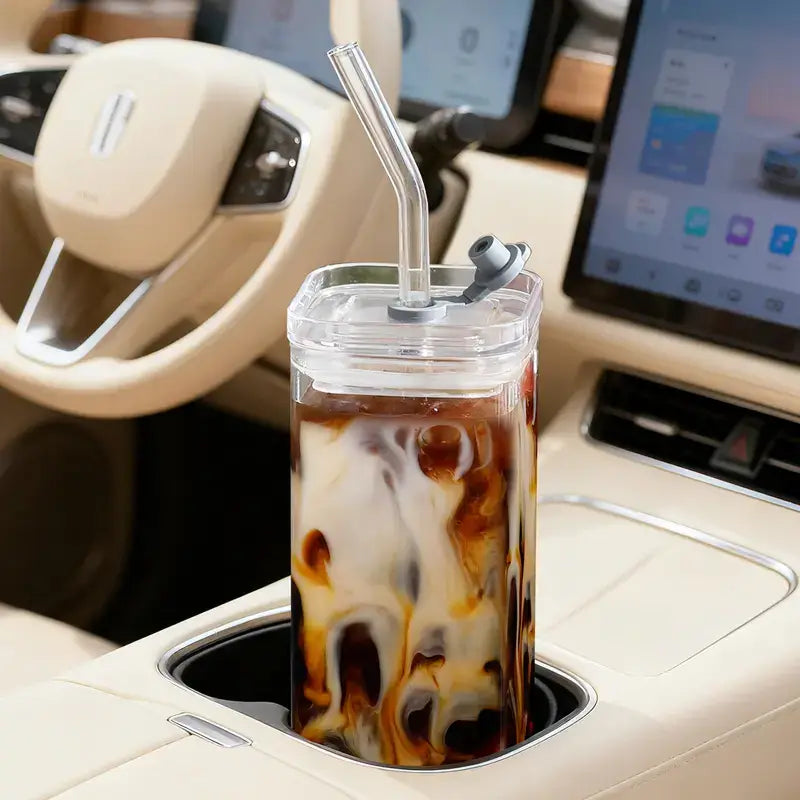 385ml Square Glass Cups with Lids and Straws Eco-Friendly Reusable Tumblers for Iced Coffee Beer Cocktails and Stylish Glassware for Home Parties