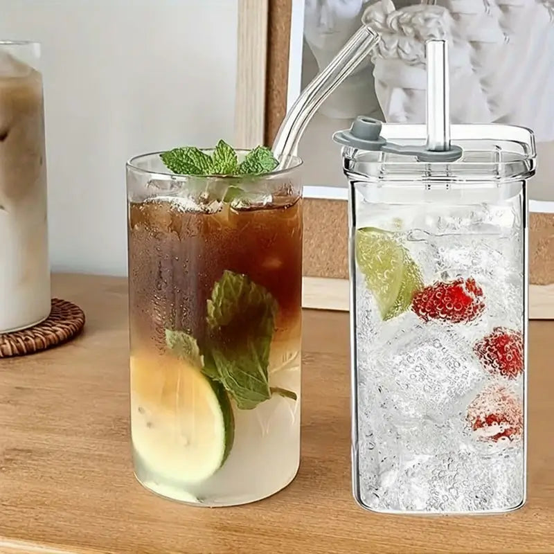 385ml Square Glass Cups with Lids and Straws Eco-Friendly Reusable Tumblers for Iced Coffee Beer Cocktails and Stylish Glassware for Home Parties
