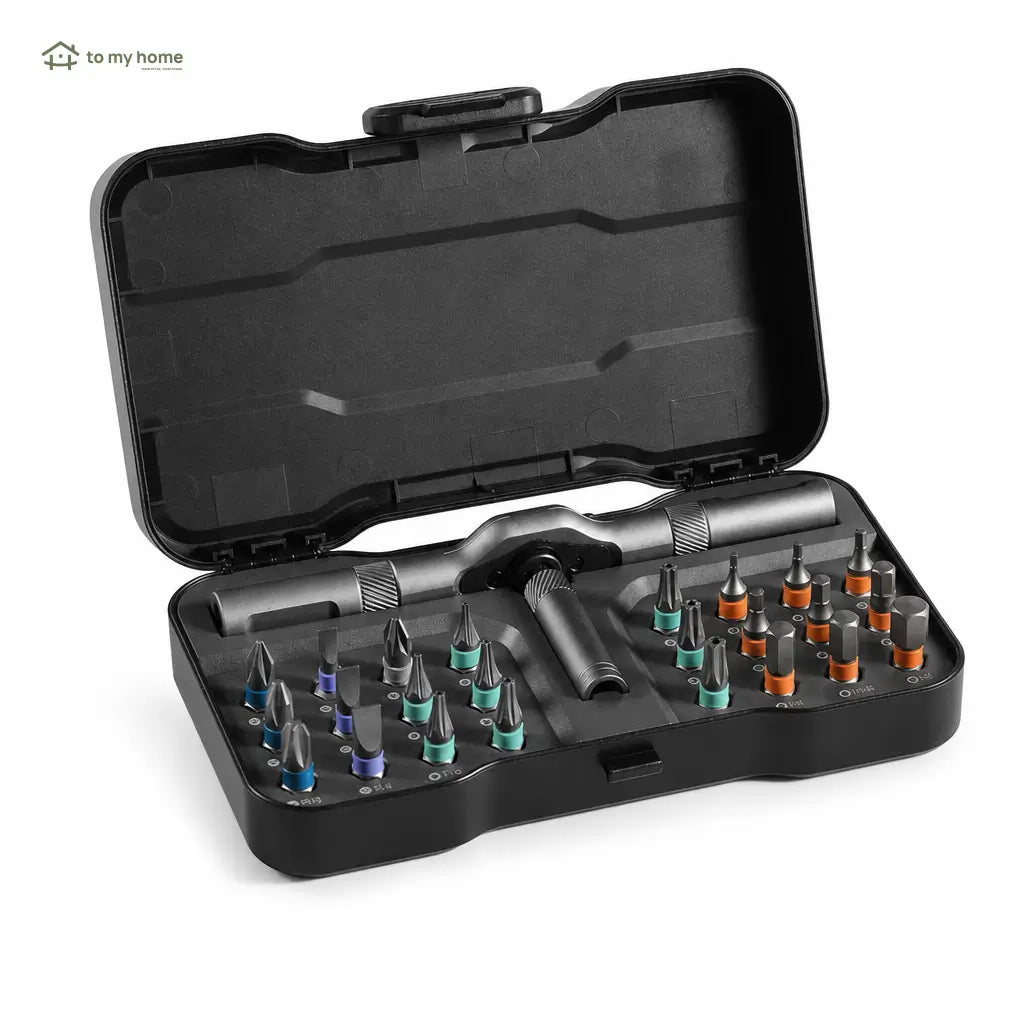 Portable 24-piece precision screwdriver kit with reversible ratchet handle and magnetic bits for quick furniture assembly, computers, bicycles, and household fixes Tomyhome Global