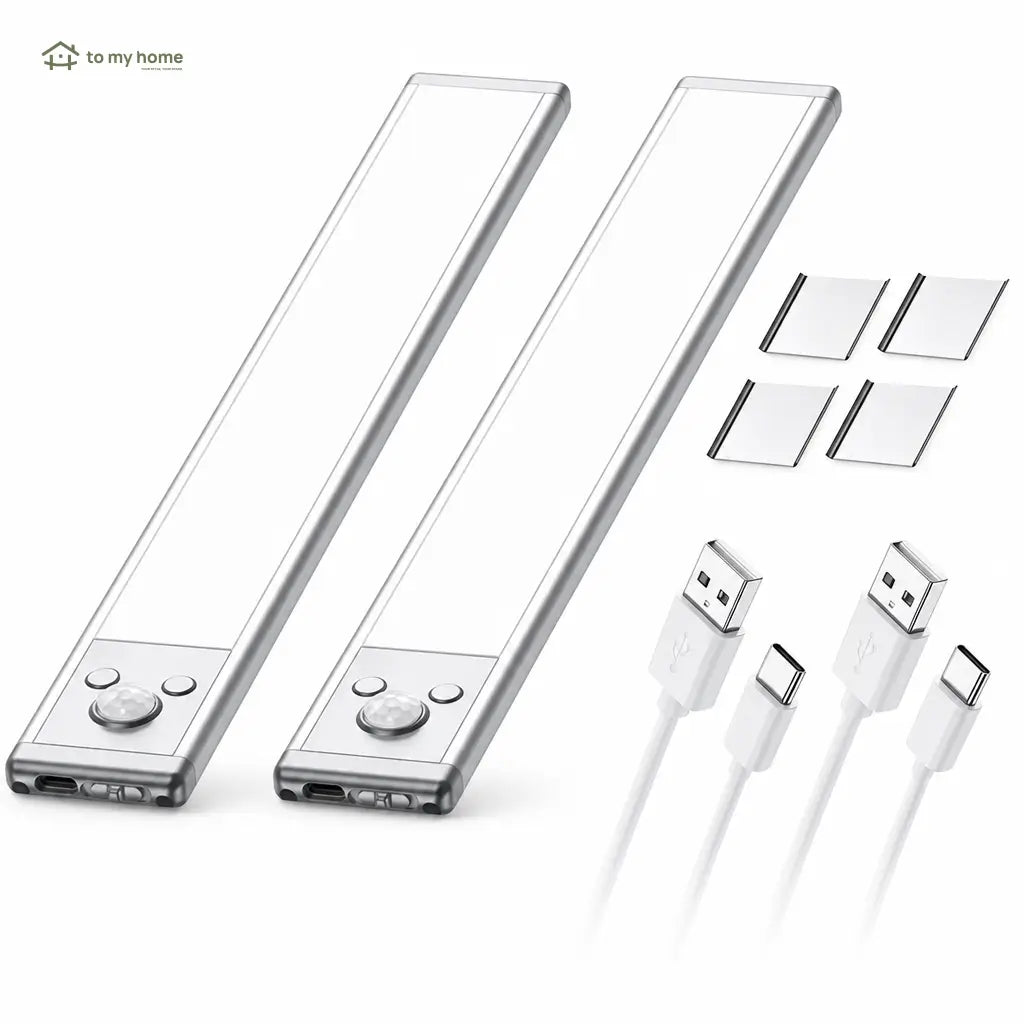 Under cabinet motion sensor lights, USB-C rechargeable dimmable 76 LED white light bars for kitchens, closets, pantries and stairs, 2 pack Tomyhome Global