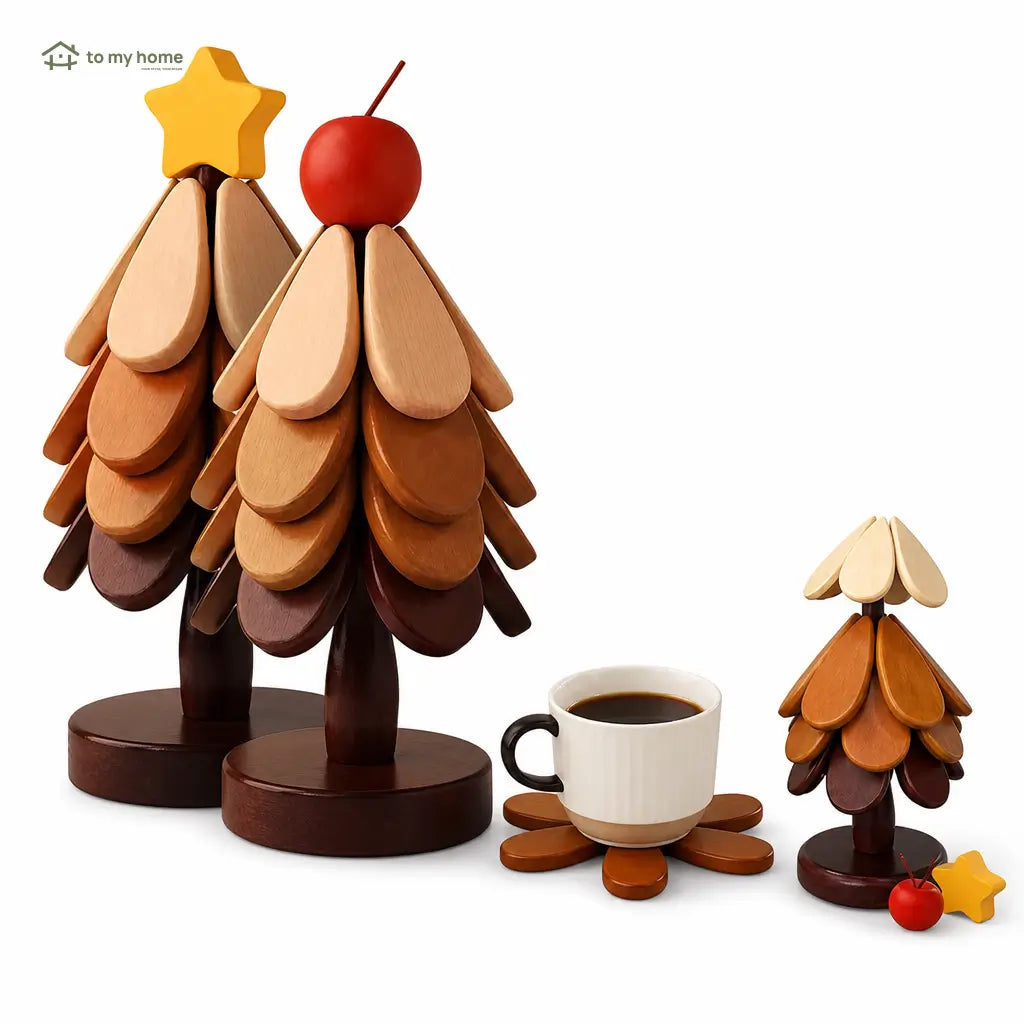 Foldable solid wood tree trivet set with heat-resistant coasters and display stand for hot pots, bowls, mugs, and family tables Tomyhome Global