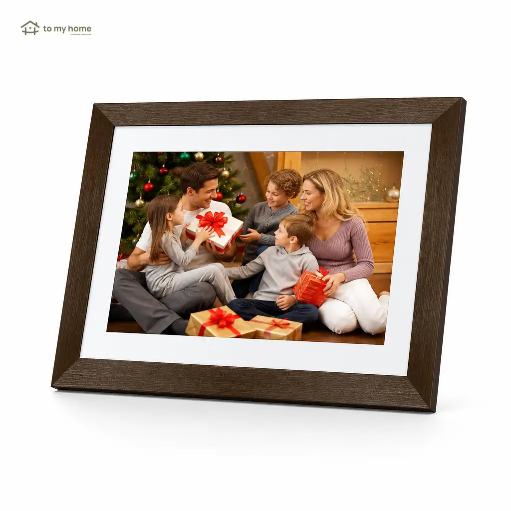 Digital photo frame with 25.7 cm (10.1 in) screen and wood design for home office memory displays and thoughtful everyday gifting Tomyhome Global