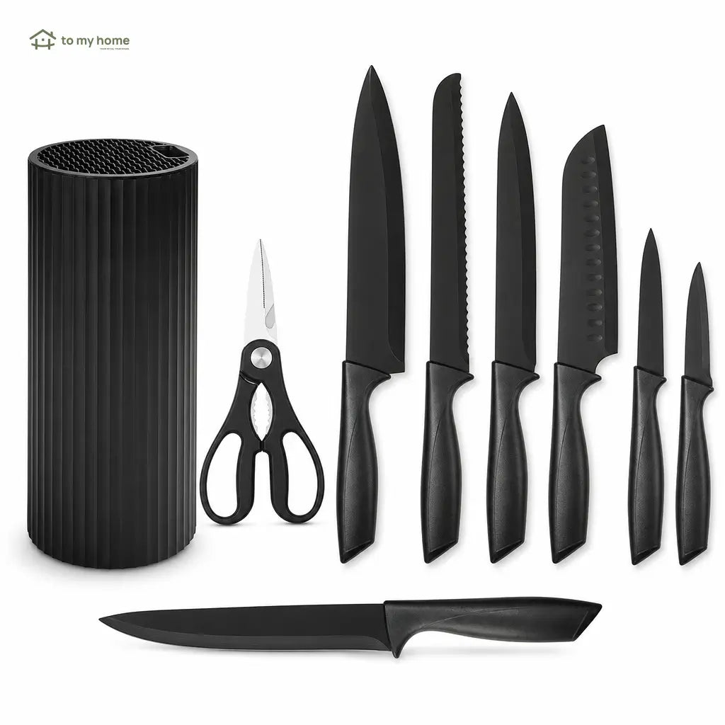 8-piece black kitchen knife set with non-stick rust-resistant blades, universal block and kitchen shears for everyday home cooking prep Tomyhome Global