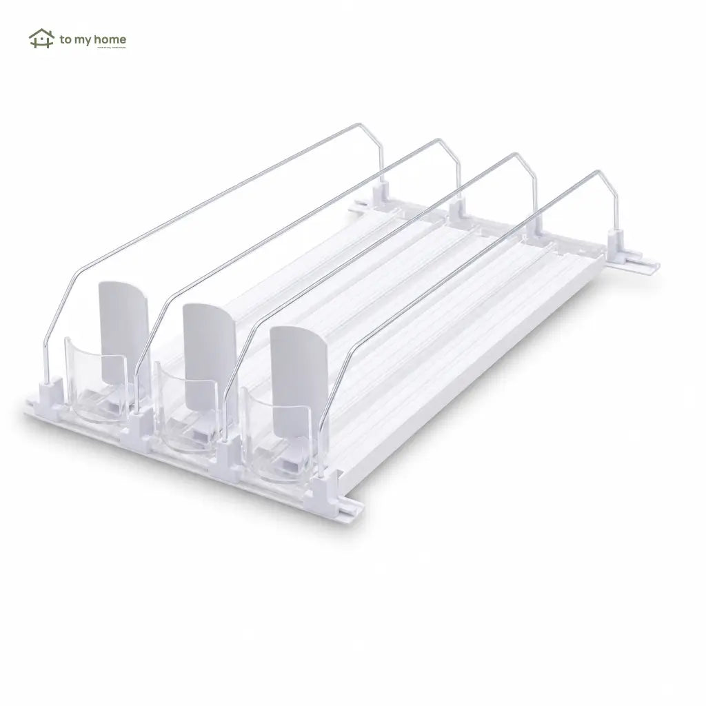 Refrigerator beverage organizer with spring-loaded can feed, durable recycled plastic storage for soda cans, coolers, shelves and pantry Tomyhome Global