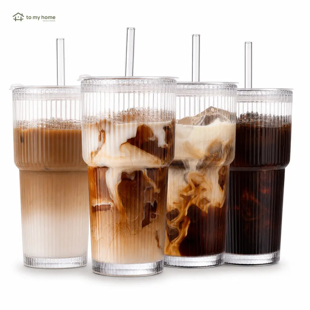 Reusable 562 ml (19 oz) ribbed glass cups with tight-sealing lids and straws for spill-resistant iced drinks, smoothies, cocktails, and commutes Tomyhome Global