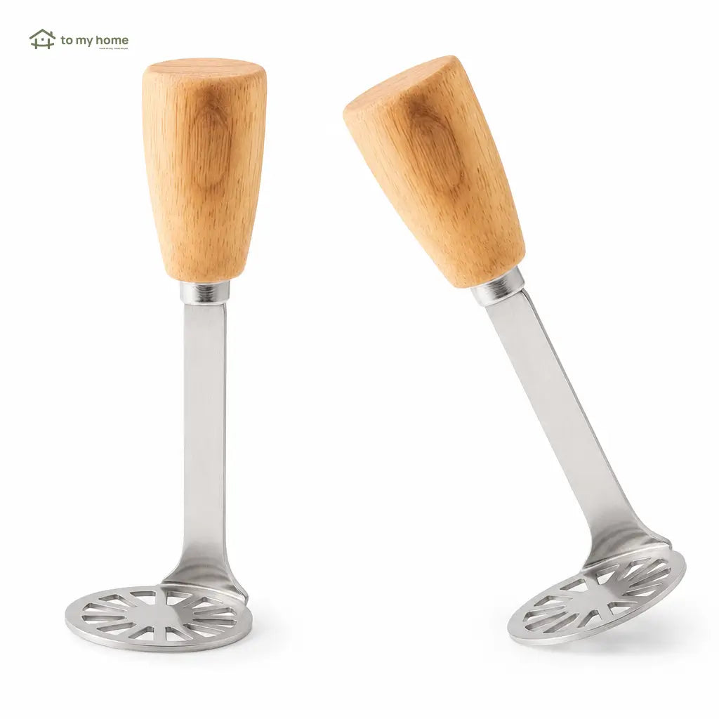 2-piece mini stainless steel masher set with non-slip wood handles for potatoes, avocados, beans and easy homemade purees in small kitchens Tomyhome Global