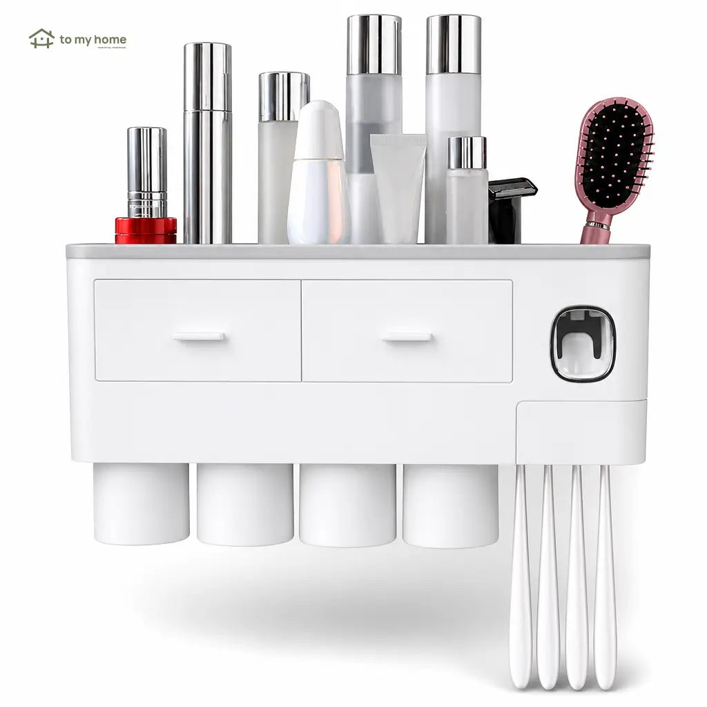 No-drill bathroom toothbrush organizer with automatic toothpaste dispenser, inverted magnetic cups, and tray for toiletries, razors, and cosmetics in compact wall-mounted spaces Tomyhome Global