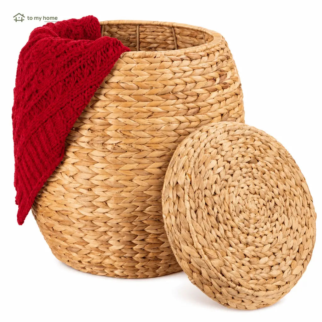 Handwoven water hyacinth storage basket with lid and metal frame for blankets, toys, laundry, and living room organization in any home Tomyhome Global