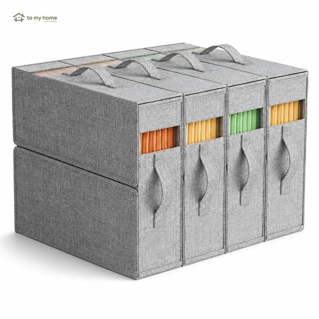 4-Pack Foldable Bed Sheet Storage Boxes with Clear Windows, Labels and Handles for Linen Closets, Blankets, Towels, King and Queen Sets Tomyhome Global