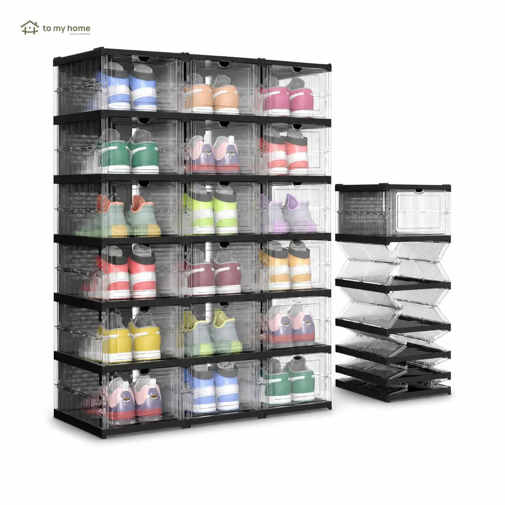 Collapsible shoe storage boxes with clear front doors, stackable foldable organizer for closets, shelves and entryways, fits US size 13 shoes Tomyhome Global