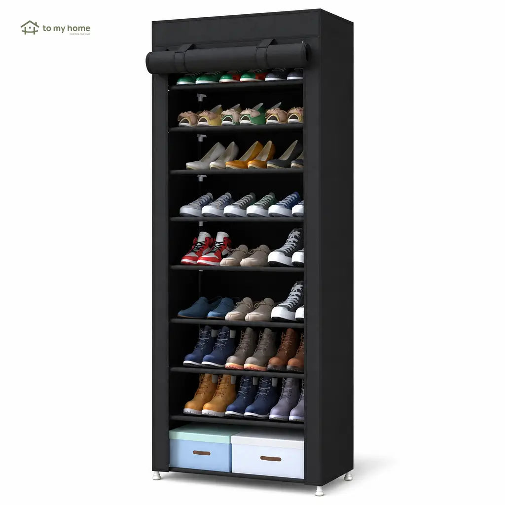 Black 10-Tier Shoe Rack with Dustproof Cover, Adjustable Standing 27-Pair Storage Shelf for Entryways, Closets, Bedrooms and Small Space Home Organization Tomyhome Global