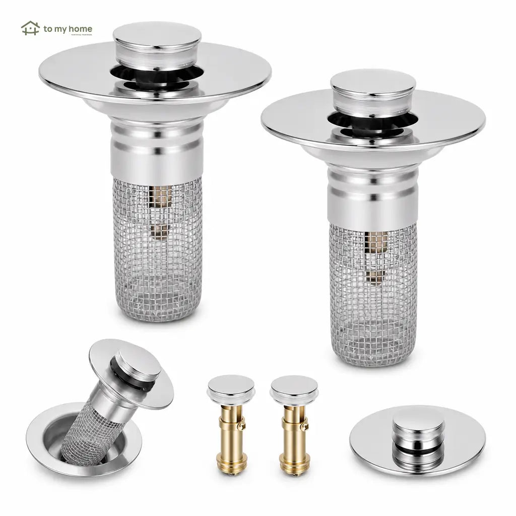 Universal pop-up sink stopper with removable stainless steel hair catcher basket for standard bathroom drains, 2-in-1 anti-clog strainer and plug Tomyhome Global