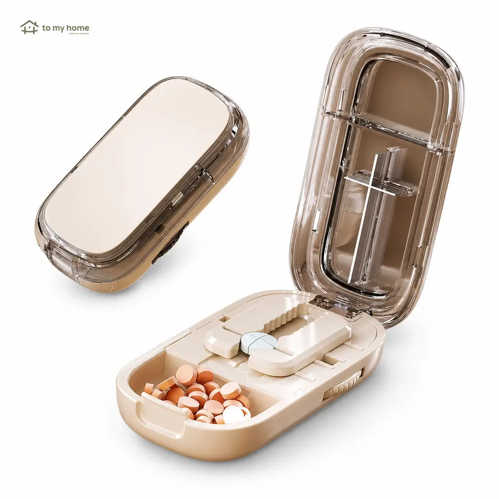 Compact adjustable pill cutter with safety guard and stainless steel blade for precise tablet splitting at home, caregiving, or everyday travel use Tomyhome Global