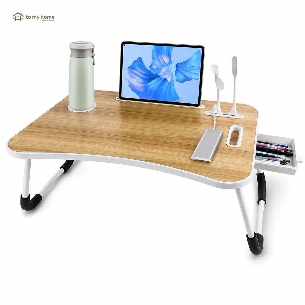 Foldable laptop bed desk with 4 USB ports, storage drawer, cup holder and adjustable angles for comfortable couch work at home Tomyhome Global