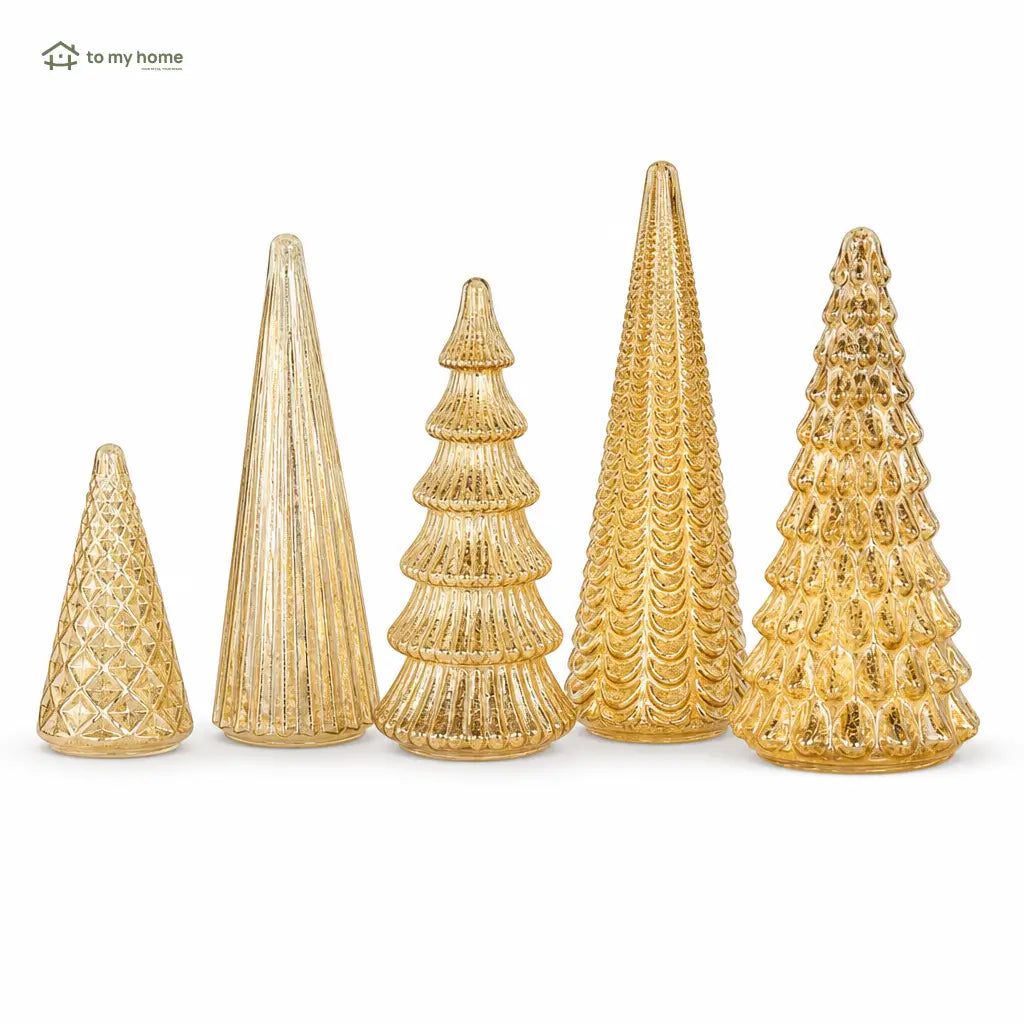 Set of 5 illuminated mercury glass Christmas trees with six-hour timer for mantel, side table, and festive holiday centerpiece decor displays Tomyhome Global