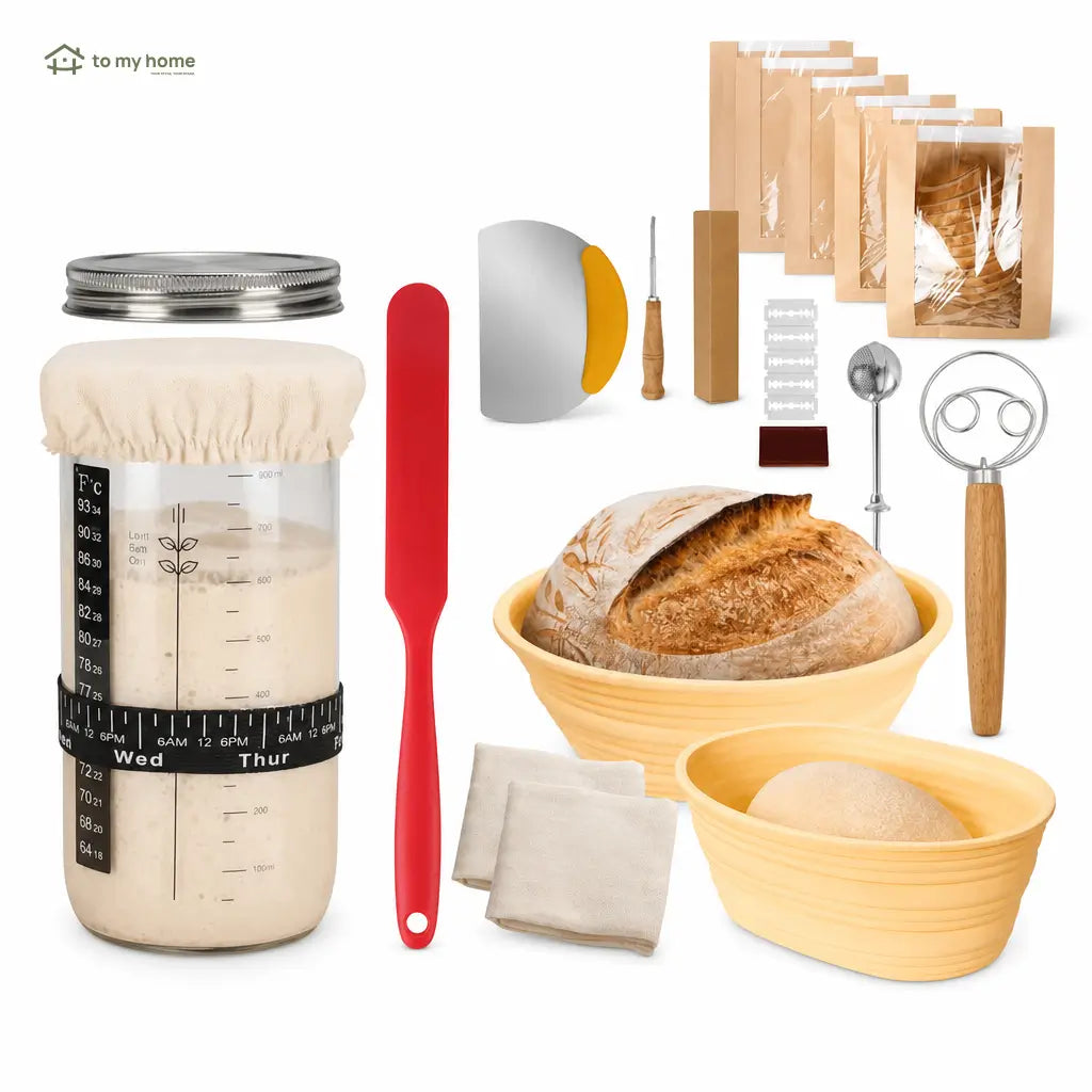 Complete sourdough starter kit with 1 L (34 oz) jar, silicone proofing baskets and tools for beginner home bread baking Tomyhome Global