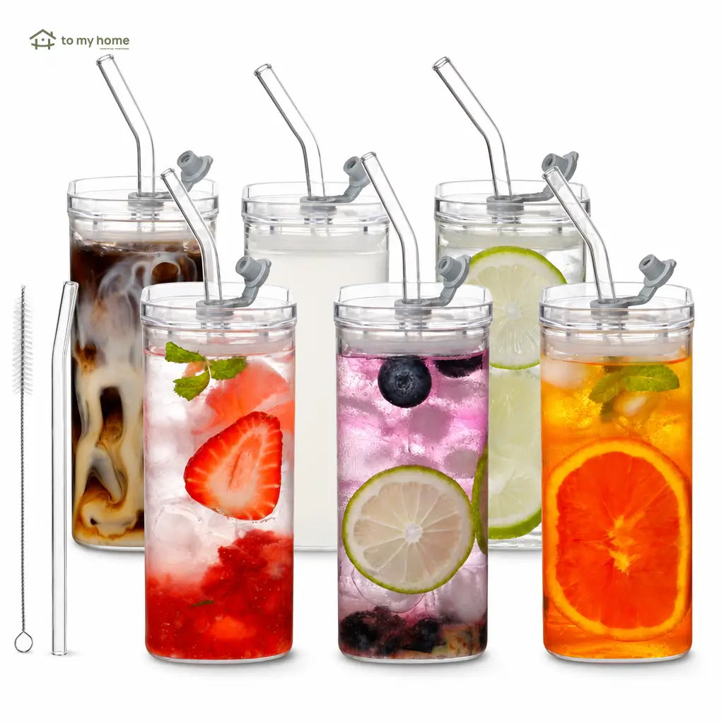 Square 13 oz glass tumbler set with lids and glass straws for iced coffee, cocktails, juice, and everyday drinks at home Tomyhome Global