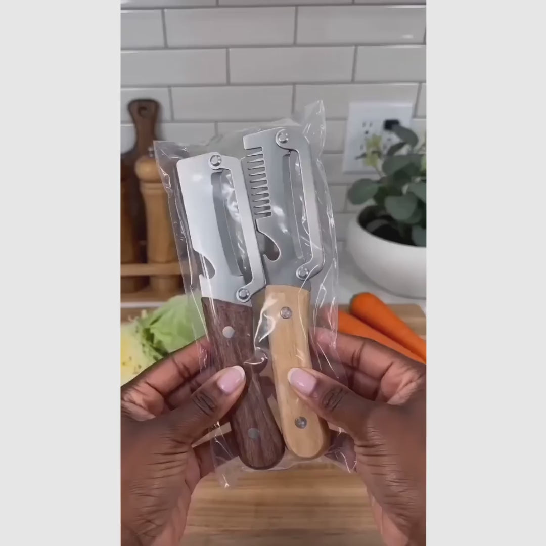 Two-Piece Vegetable and Fruit Peeler Set with Ultra-Sharp Stainless Steel Blade, Wooden Handle, and Built-In Bottle Opener for Everyday Kitchen Prep