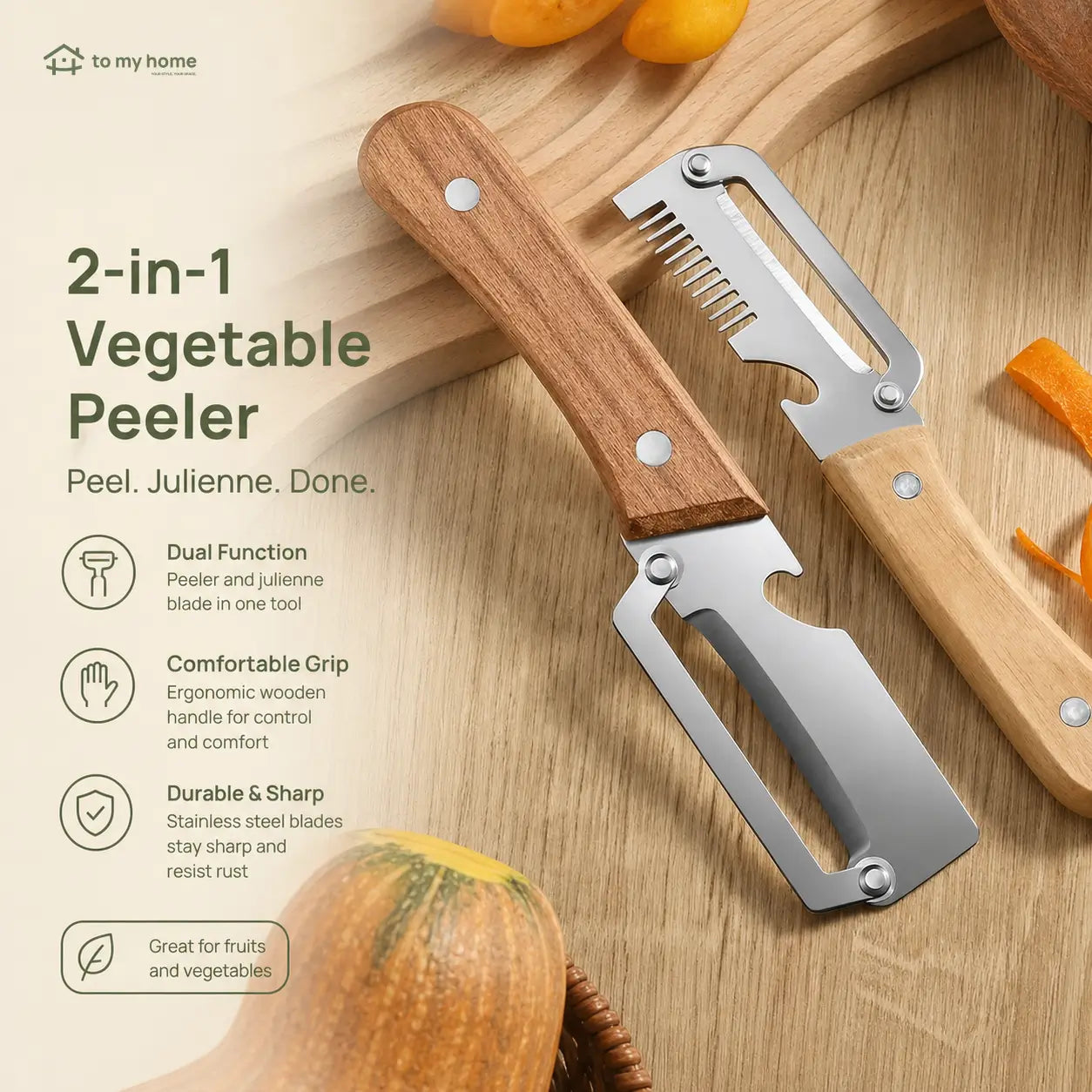 Two-Piece Vegetable and Fruit Peeler Set with Ultra-Sharp Stainless Steel Blade, Wooden Handle, and Built-In Bottle Opener for Everyday Kitchen Prep Tomyhome Global