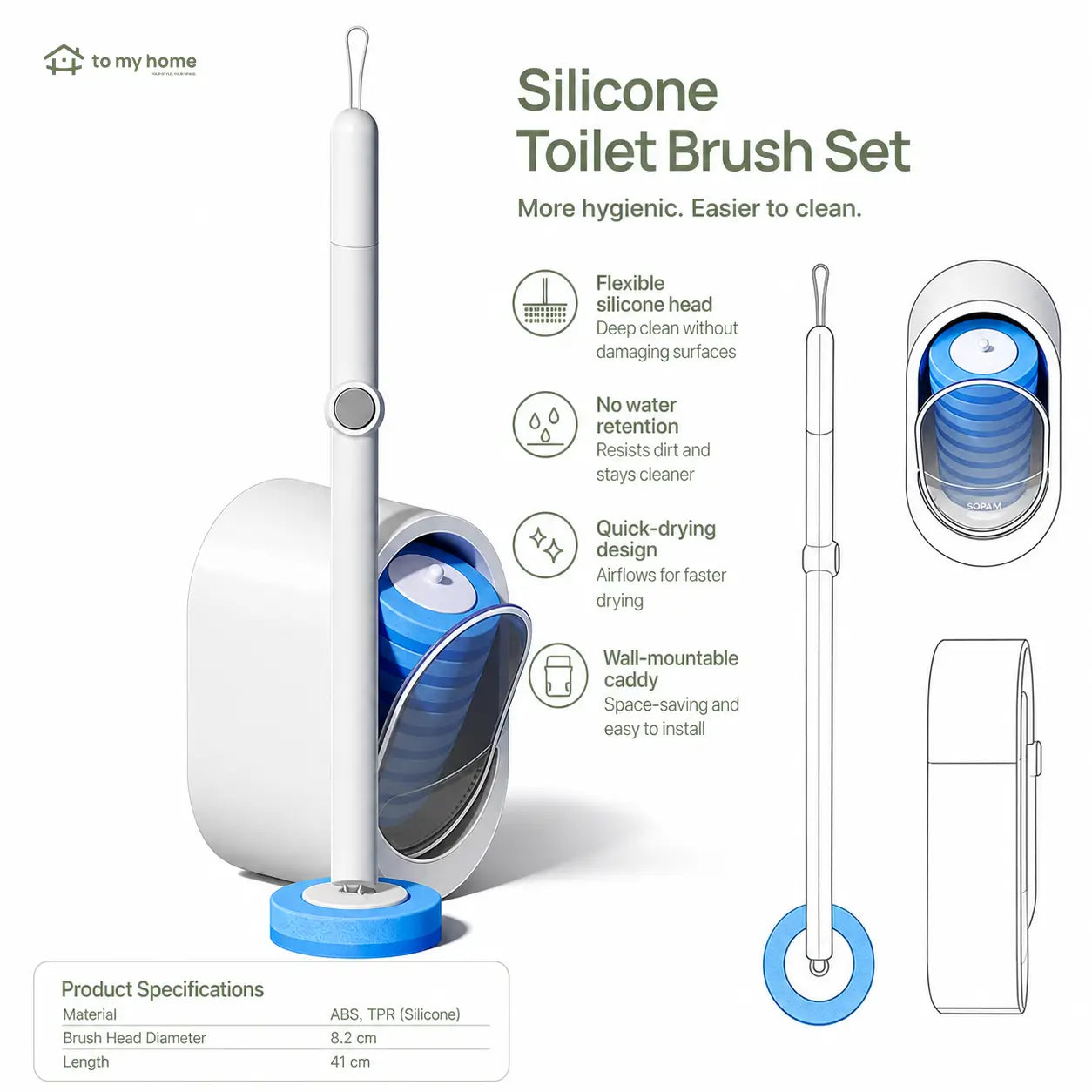 Disposable Toilet Scrubber Kit with Self-Cleaning Dissolvable Pads and Wall-Mounted Holder for Faster No-Mess Bathroom Cleaning Around Toilets and Tight Corners Tomyhome Global