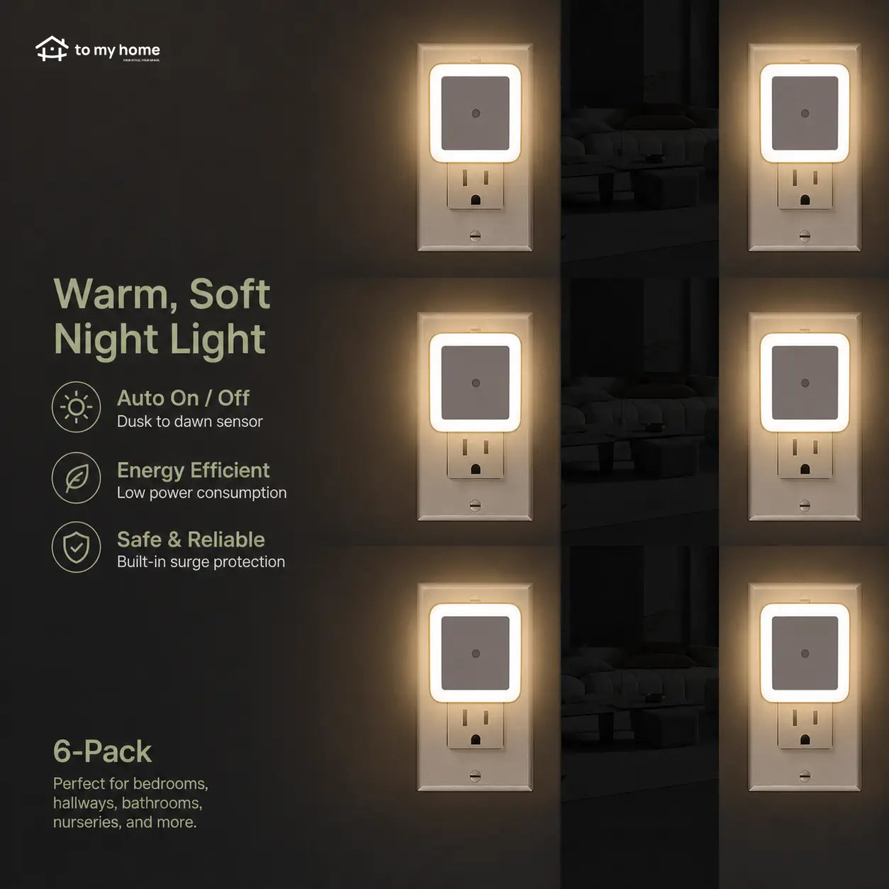 Plug-in LED night lights with dusk-to-dawn sensor, warm white 6-pack for bedrooms, hallways, bathrooms, kitchens and everyday home lighting Tomyhome Global