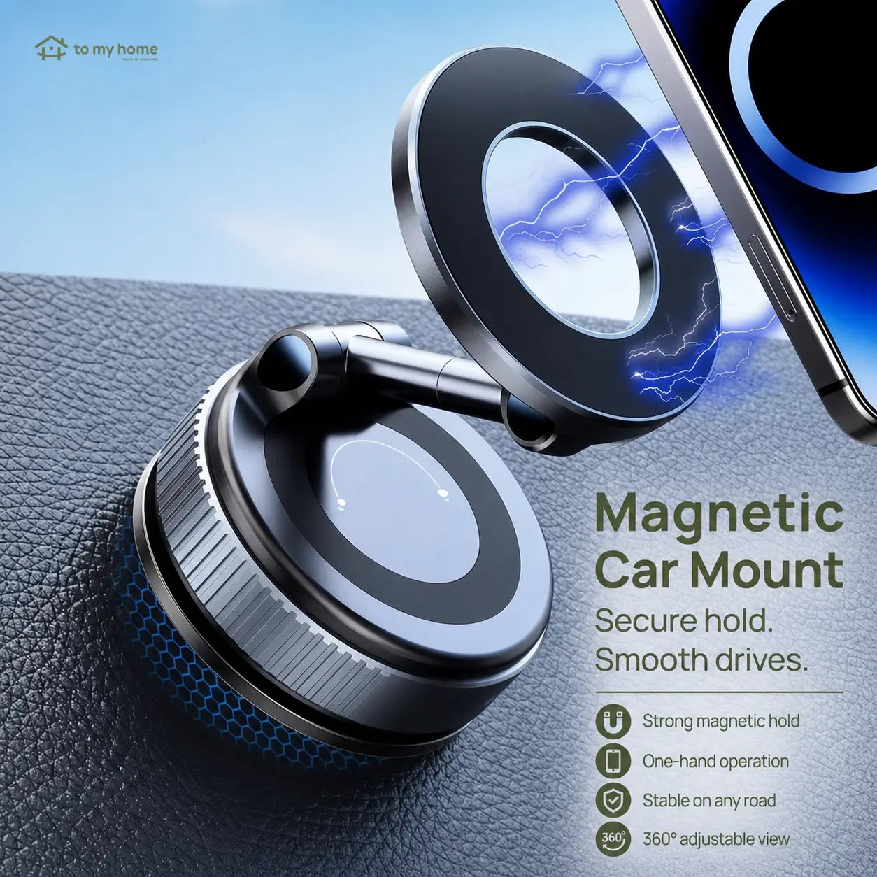 Magnetic car phone holder with vacuum suction cup and 360° rotation for dashboards, mirrors, travel, and hands-free viewing with all smartphones Tomyhome Global