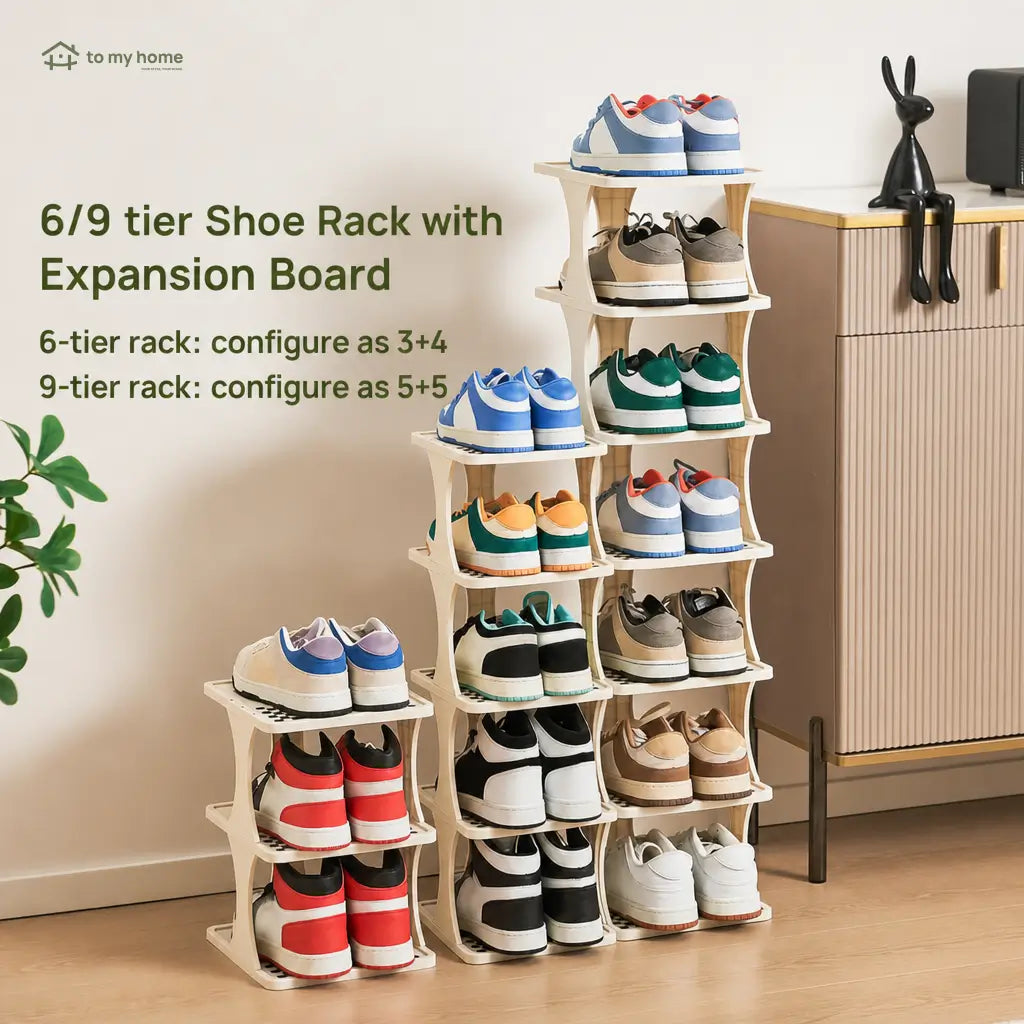 Detachable vertical shoe rack with adjustable 6 or 9 layers for space-saving entryway, bedroom, and closet footwear storage at home Tomyhome Global