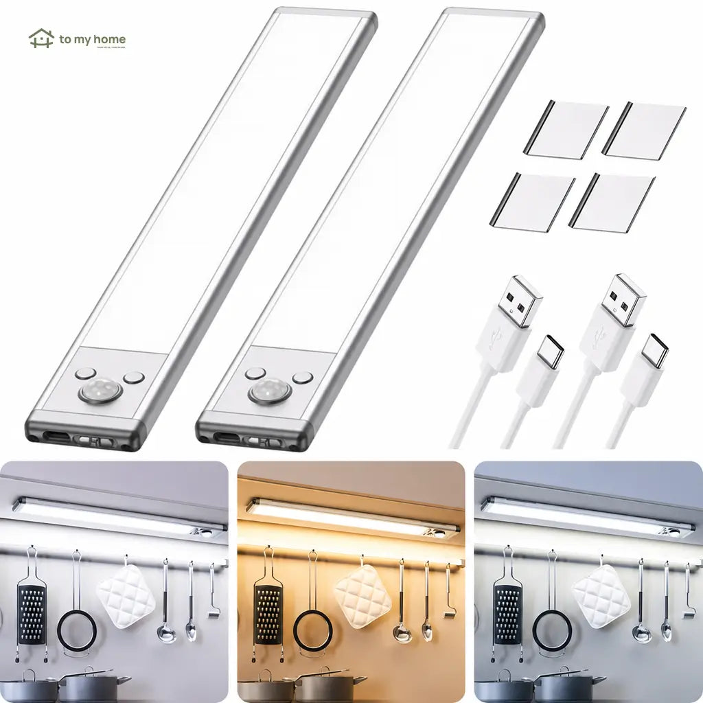 Under cabinet motion sensor lights, USB-C rechargeable dimmable 76 LED white light bars for kitchens, closets, pantries and stairs, 2 pack Tomyhome Global