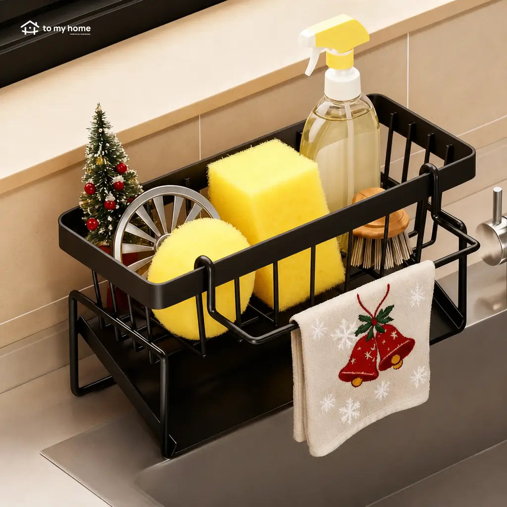 Corrosion-resistant metal sink organizer with high brush holder for sponges, scrubbers, bottles, and clutter-free kitchen counters beside your dishwashing area every day Tomyhome Global