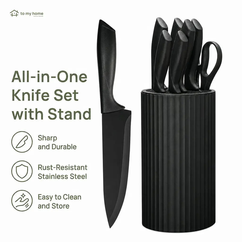 8-piece black kitchen knife set with non-stick rust-resistant blades, universal block and kitchen shears for everyday home cooking prep Tomyhome Global