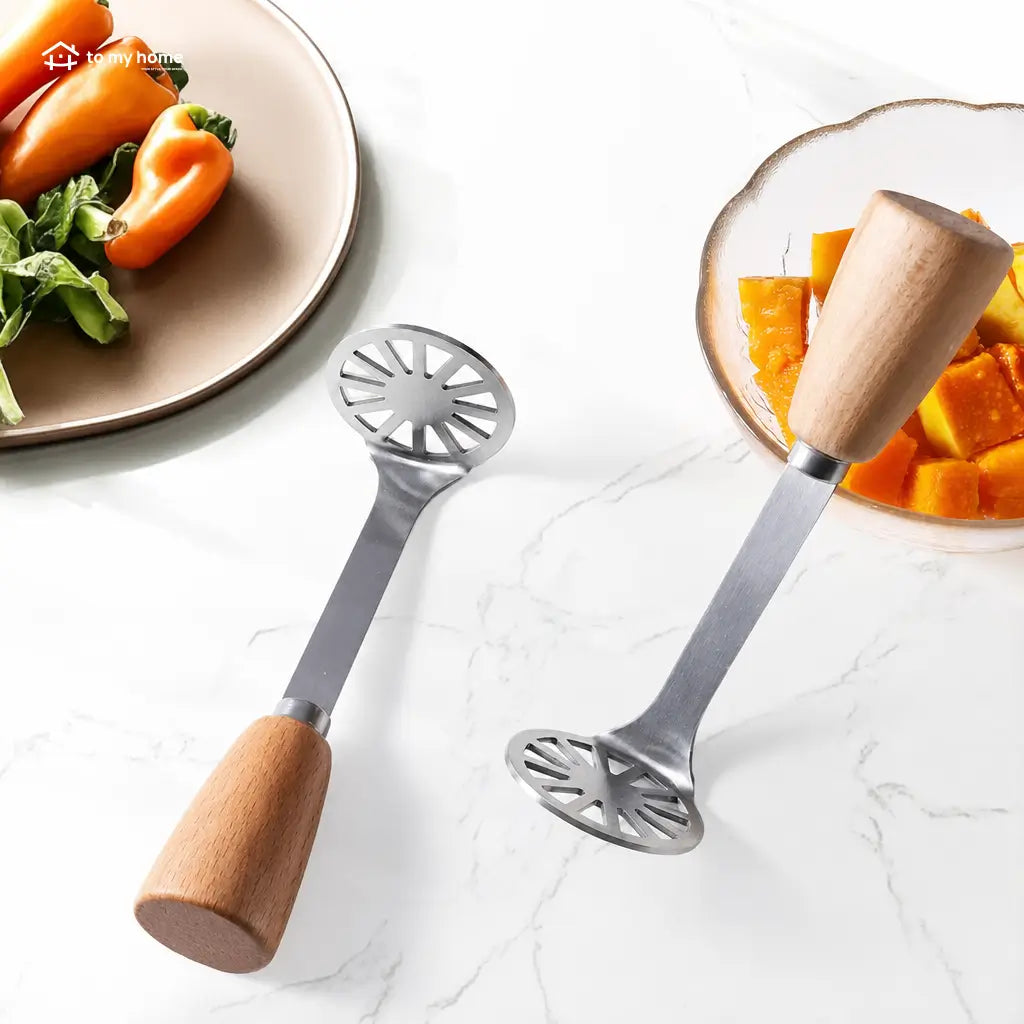 2-piece mini stainless steel masher set with non-slip wood handles for potatoes, avocados, beans and easy homemade purees in small kitchens Tomyhome Global