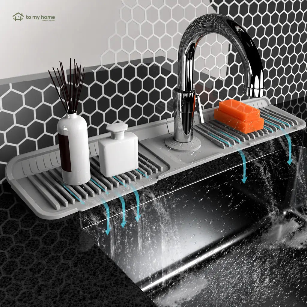Everyday Silicone Sink Faucet Splash Guard Mat with 5° Self-Draining Slope and Button Lock for Cleaner Kitchen, Bathroom, and RV Counters Tomyhome Global