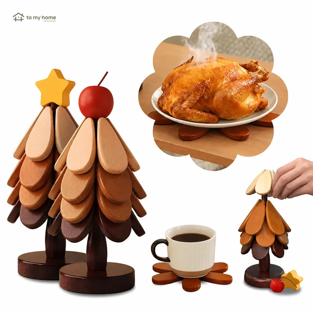 Foldable solid wood tree trivet set with heat-resistant coasters and display stand for hot pots, bowls, mugs, and family tables Tomyhome Global