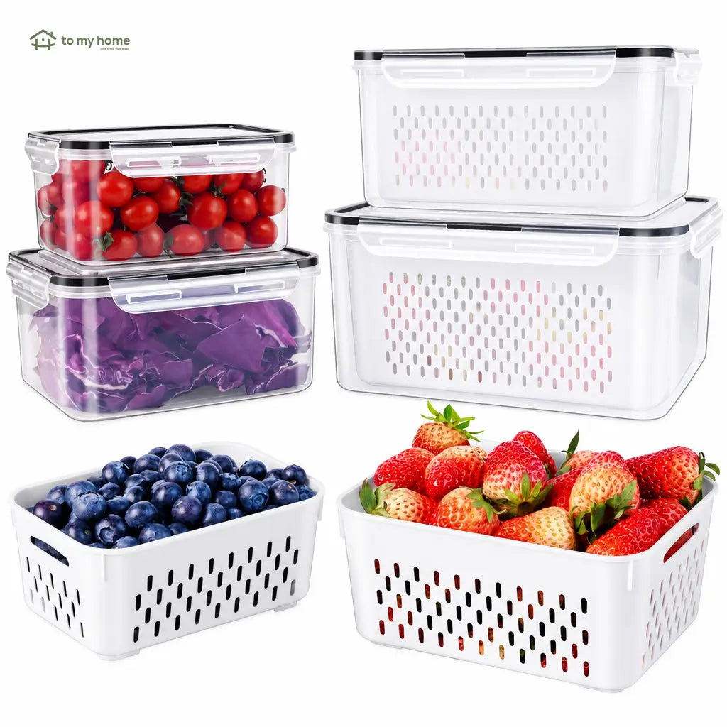 5-Pack Stackable Fridge Organizer Containers with Removable Colanders and Airtight Lids for Produce, Salad, Berries, Leftovers, and Meat Tomyhome Global