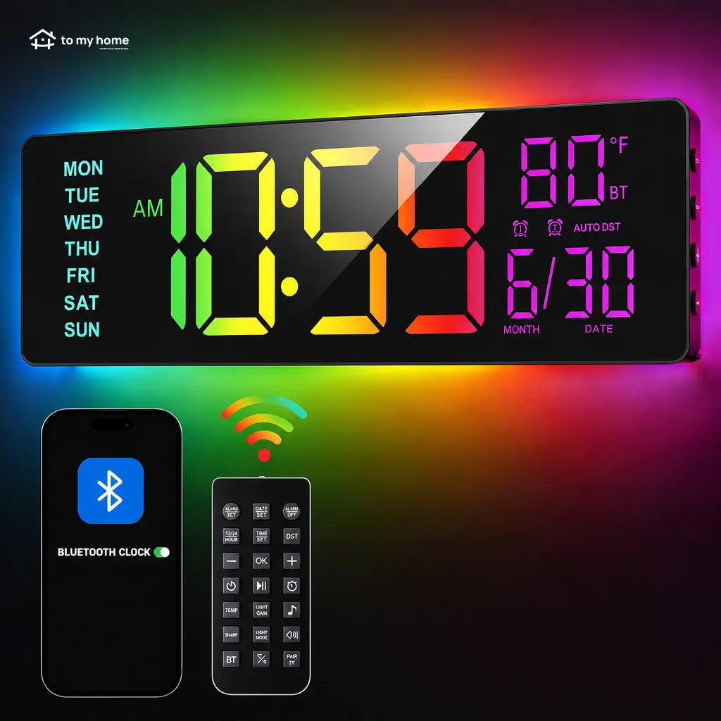 Large digital wall clock with RGB ambient light, dual alarms, and easy-read LED display for home offices, kitchens, classrooms, and gaming rooms Tomyhome Global