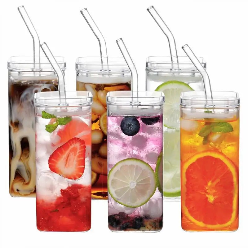 385ml Square Glass Cups with Lids and Straws Eco-Friendly Reusable Tumblers for Iced Coffee Beer Cocktails and Stylish Glassware for Home Parties