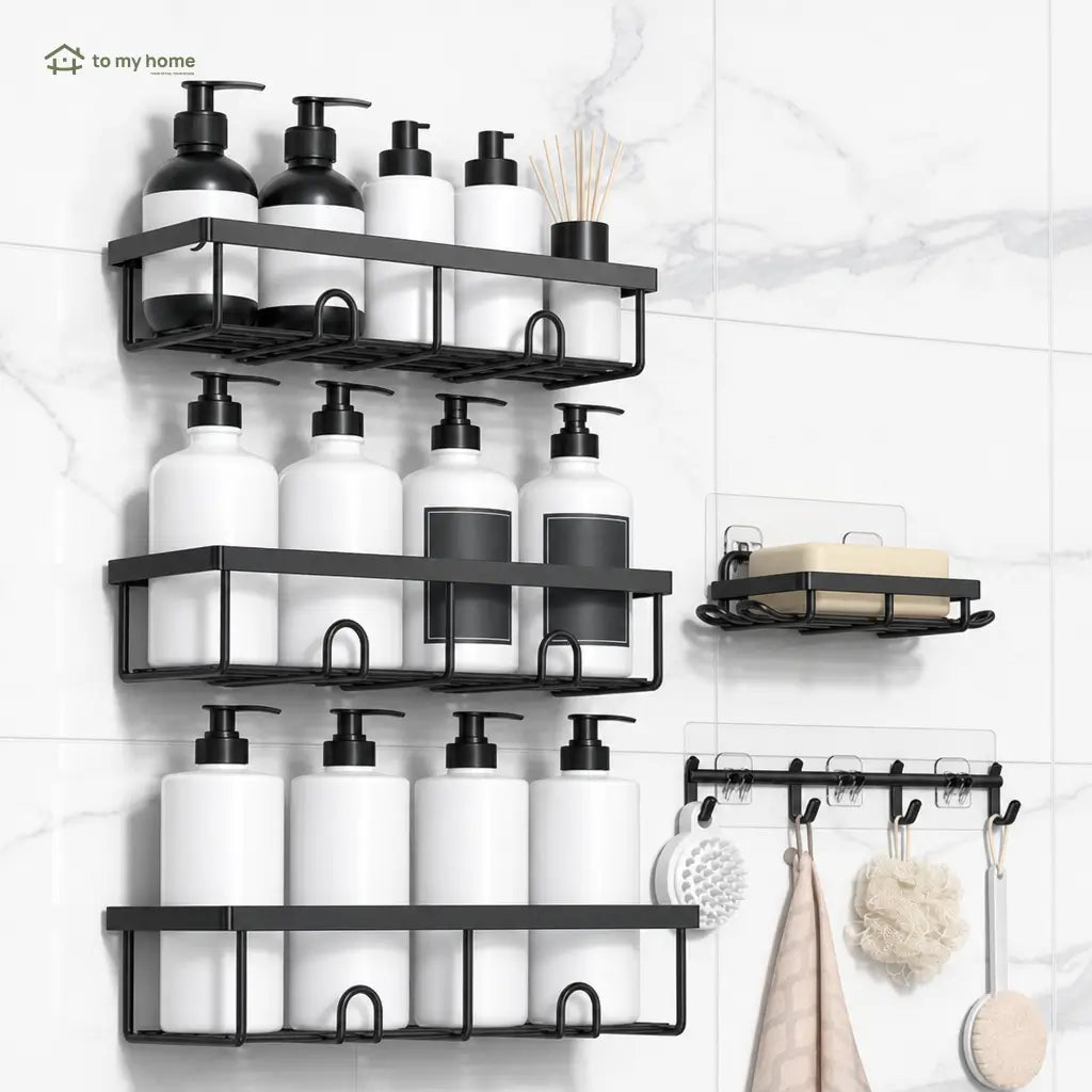 Black No-Drill Shower Caddy 5-Pack with Rust-Resistant Metal Shelves and Removable Hooks for Bathroom Wall Storage and Inside Shower Organization Tomyhome Global