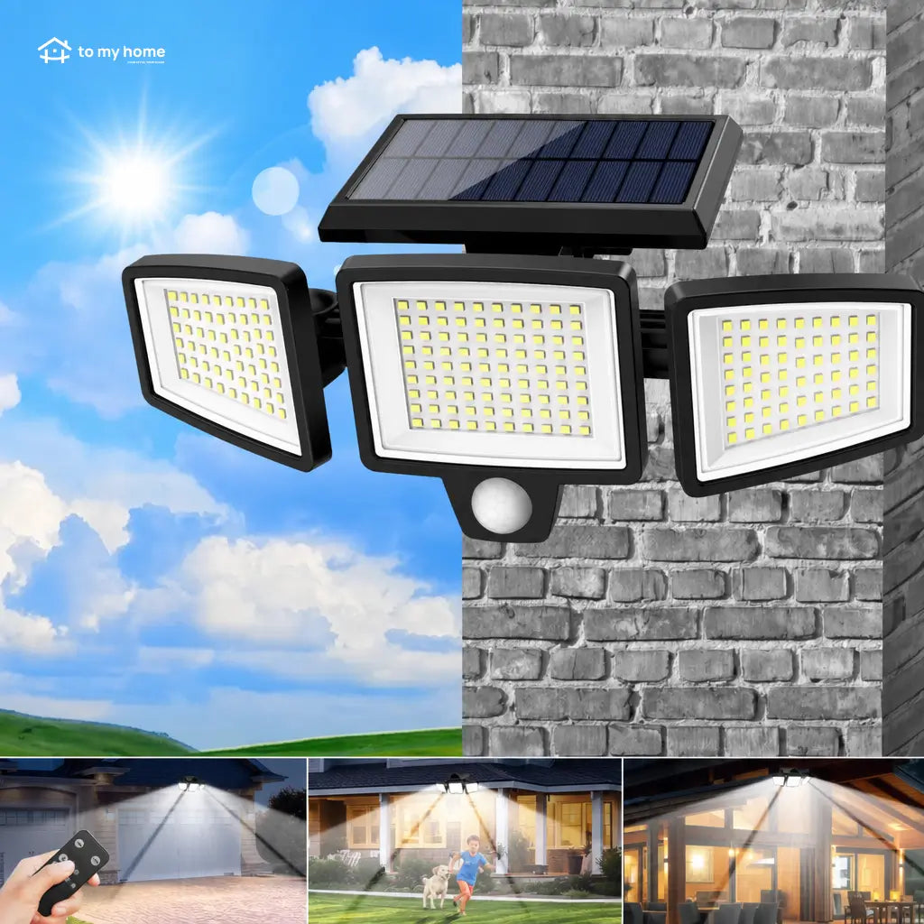 3-head solar motion sensor light, IP65 waterproof 210 LED outdoor security floodlight with remote control for driveway, garden, garage and porch Tomyhome Global