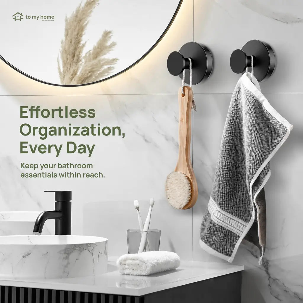 Matte Black Suction Cup Hooks, 2-Pack No-Drill Reusable Wall Hangers for Shower, Bathroom, Kitchen, Towels, Robes and Loofahs Tomyhome Global