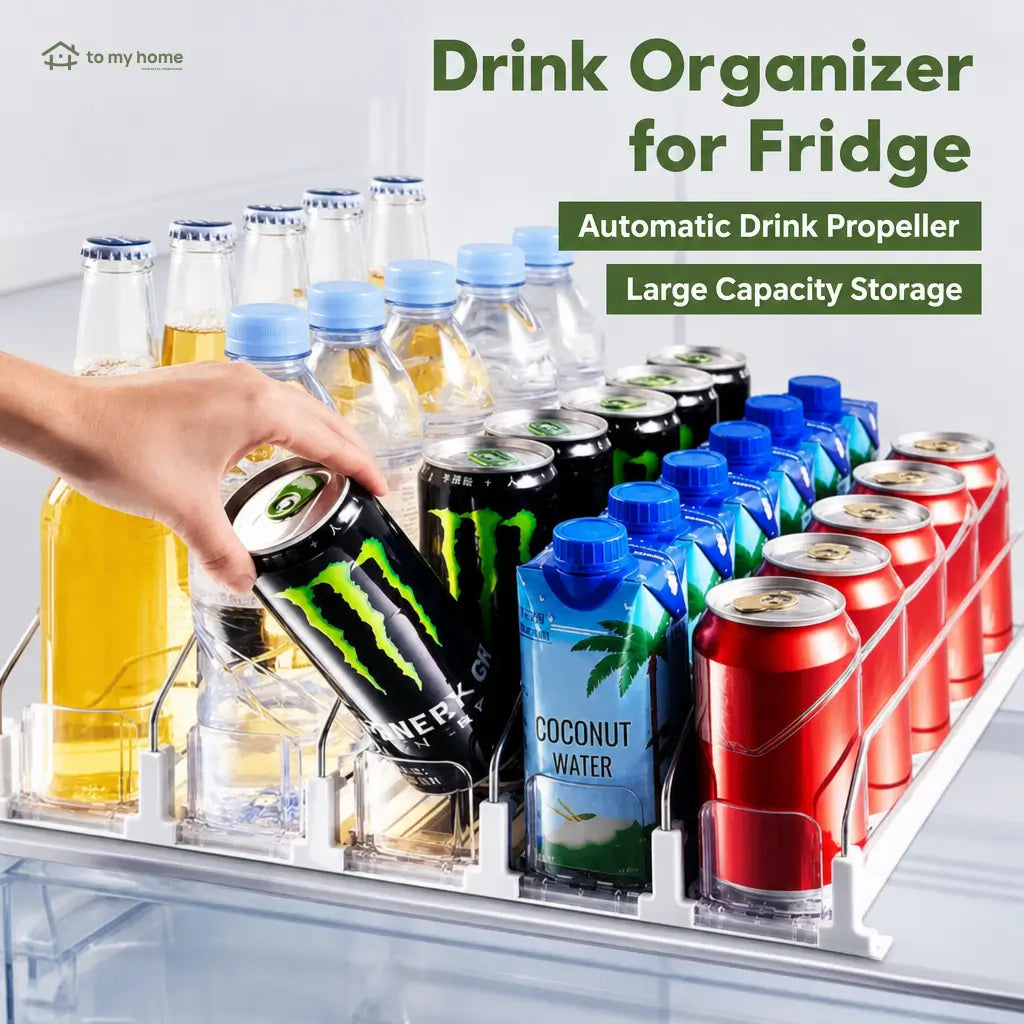 Refrigerator beverage organizer with spring-loaded can feed, durable recycled plastic storage for soda cans, coolers, shelves and pantry Tomyhome Global