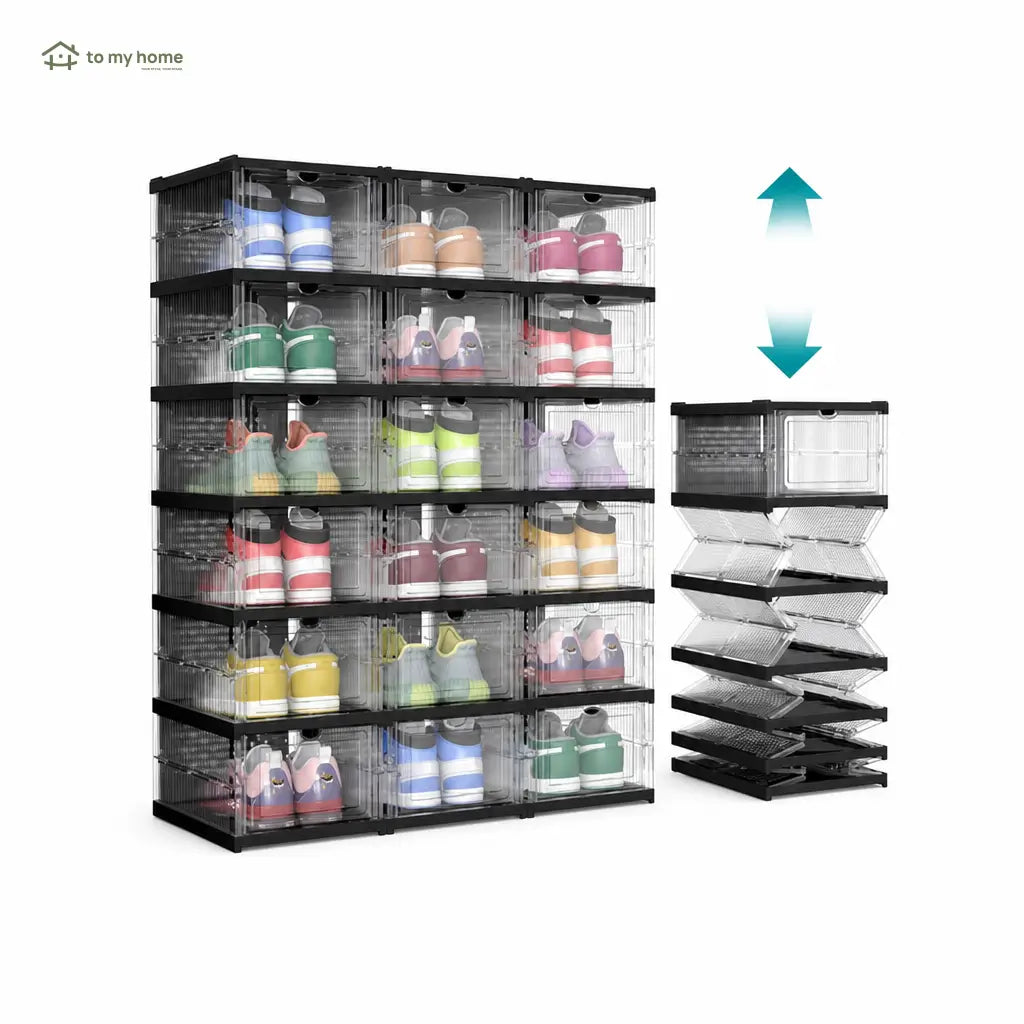 Collapsible shoe storage boxes with clear front doors, stackable foldable organizer for closets, shelves and entryways, fits US size 13 shoes Tomyhome Global