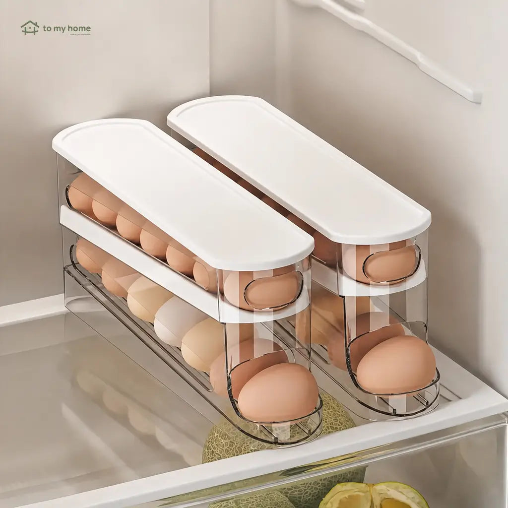Clear rolling egg storage box with stackable plastic design for space-saving refrigerator and kitchen organization, keeping eggs visible and tidy Tomyhome Global