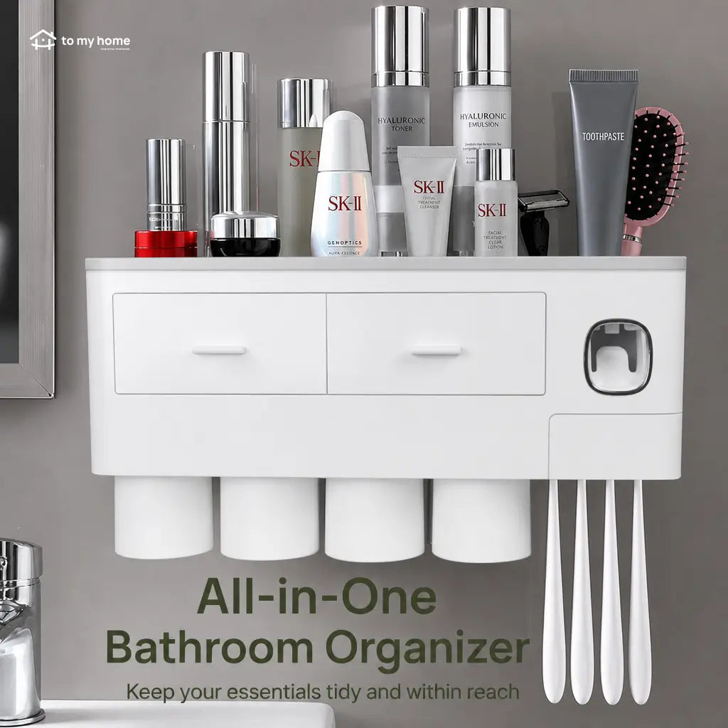 No-drill bathroom toothbrush organizer with automatic toothpaste dispenser, inverted magnetic cups, and tray for toiletries, razors, and cosmetics in compact wall-mounted spaces Tomyhome Global
