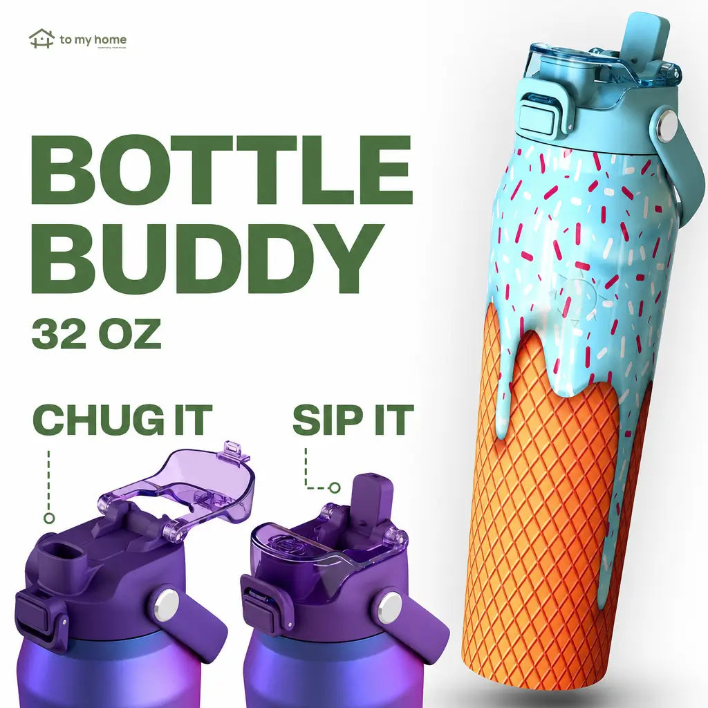 32 oz stainless steel insulated water bottle with leak-proof dual straw chug lid for cold drinks at school, work and daily travel Tomyhome Global