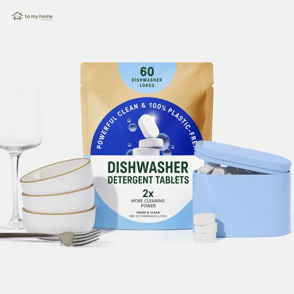 Mineral and plant-based dishwasher tablets, fragrance-free and plastic-free, for compact dishwashing with clean ingredients and effective stain removal in eco-conscious homes Tomyhome Global