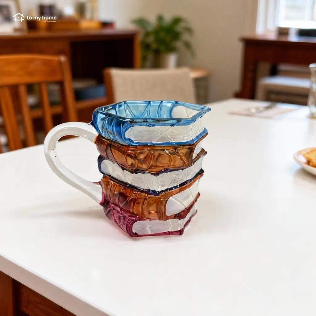 Stackable book-shaped ceramic mug with colorful 3D artwork, heat-resistant handle, reusable coffee cup creative gift for readers at home or office Tomyhome Global