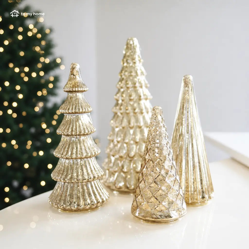 Set of 5 illuminated mercury glass Christmas trees with six-hour timer for mantel, side table, and festive holiday centerpiece decor displays Tomyhome Global