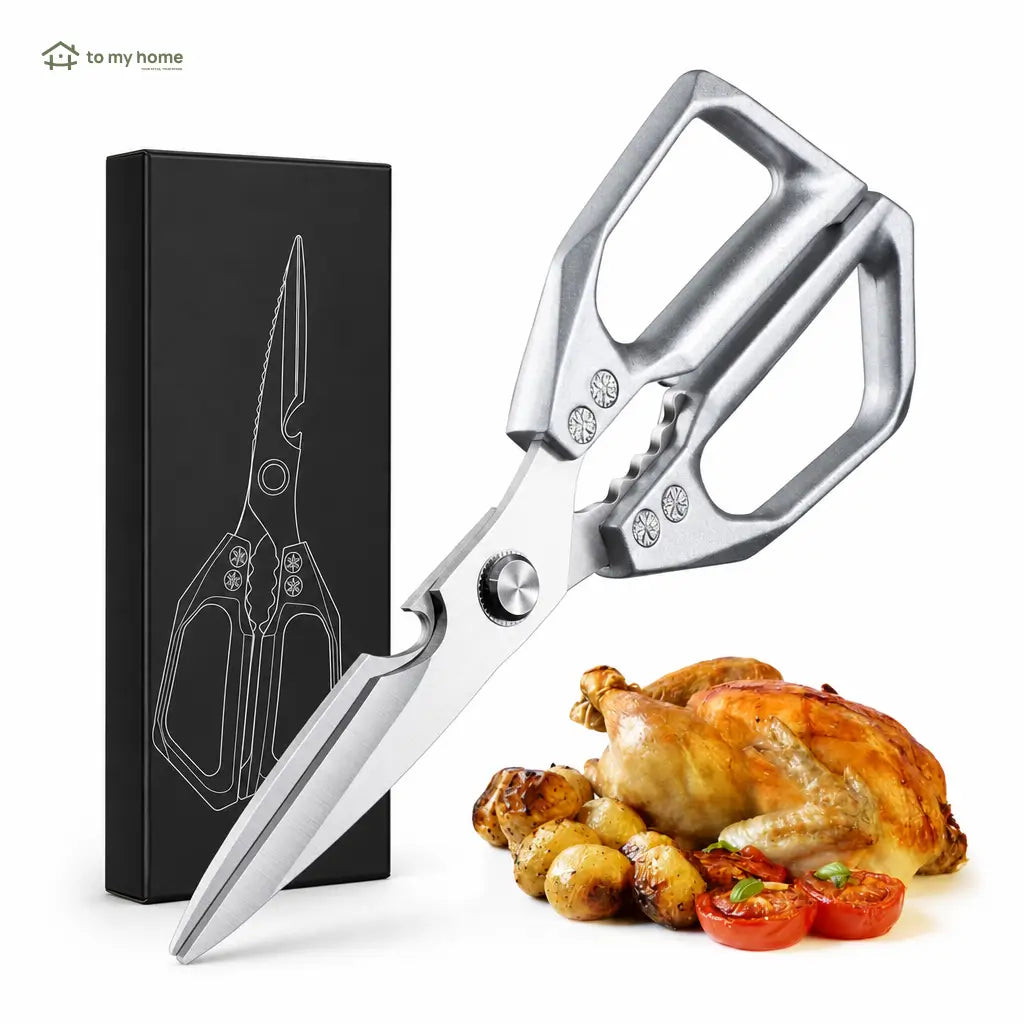Heavy-duty stainless steel kitchen shears with detachable mirror-polished blades for poultry, fish bones, vegetables, and everyday meal prep at home kitchens Tomyhome Global