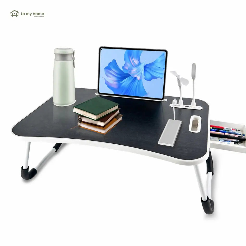 Foldable laptop bed desk with 4 USB ports, storage drawer, cup holder and adjustable angles for comfortable couch work at home Tomyhome Global