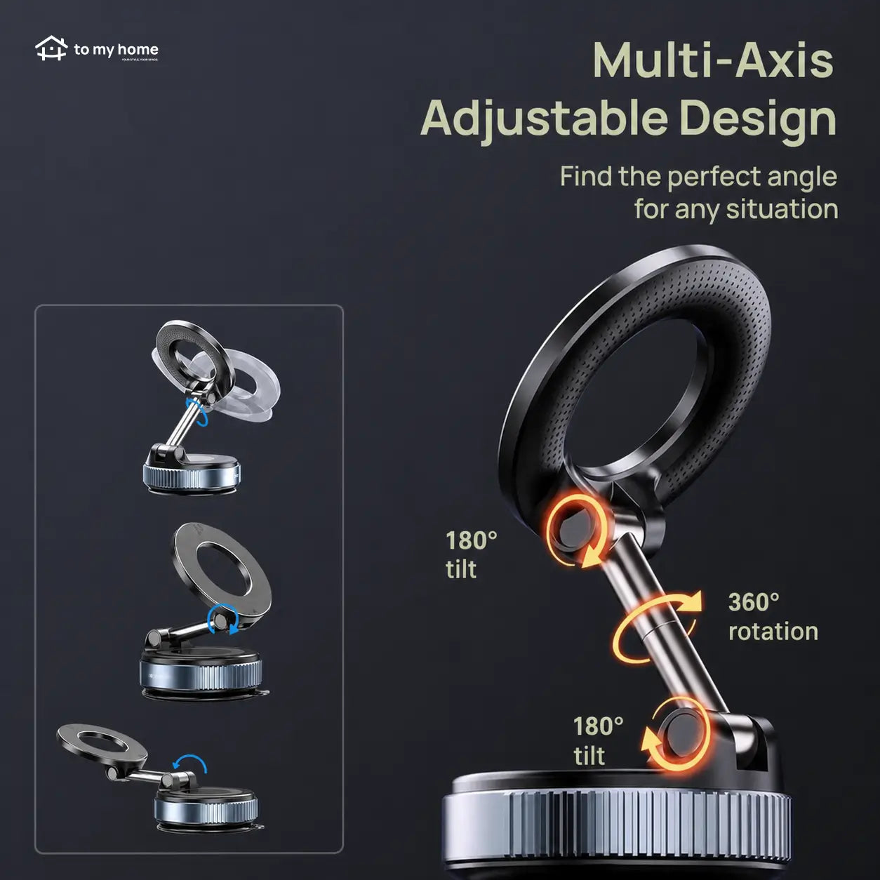 Magnetic car phone holder with vacuum suction cup and 360° rotation for dashboards, mirrors, travel, and hands-free viewing with all smartphones Tomyhome Global